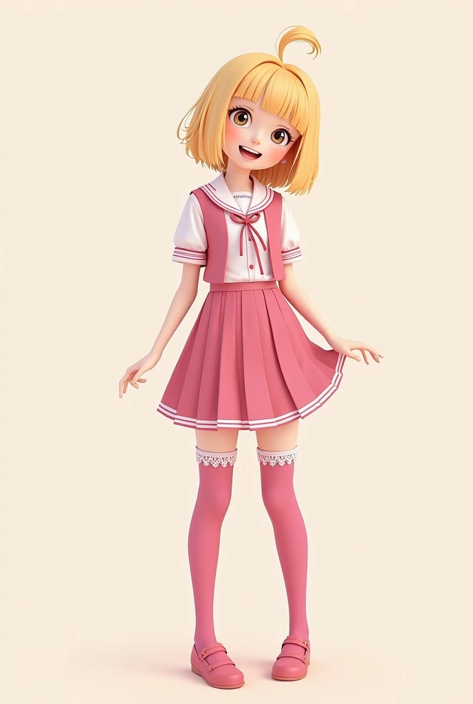 (masterpiece), (Highest quality), High resolution, (Very detailed), (Best illustrations), (Best Shadow), (Beautiful girl), (Absurd), (White Background), (White room), (Pink carpet),
(Highly detailed face), Perfect limbs, Intricately detailed face, (High Contrast:2),
(Head to toe full body view), Take center,
My Little Sister Can't Be This Cute, (Kirino Takasaka), (kirino kousaka),
Blonde, Long Hair, Hair Clip, Green Eyes, bangs, Shyness, smile, Pitiful,
Thin legs,
(One person、solo:1.8), Big eyes,slender, Beautiful Skin, clear,
whole body, Full Shot,
(White and pink set up dress two piece outfit), Frills, ribbon, (Pink tie), (A transparent white shirt), (Pink and white checkered corset skirt),
White cotton socks,(White Pantyhose), Knee-high socks, Pink heels,
Erotic,
Underwear with white stripes, 白いFrillsの下着, 小さいribbonが付いてる下着,
Pink panties, Detailed panties,
Pink Bra, Detailed bra,
(Skirt Lift:1.6),(Grab your skirt:1.6),
Standing with legs apart and exposing underwear, View from the front,