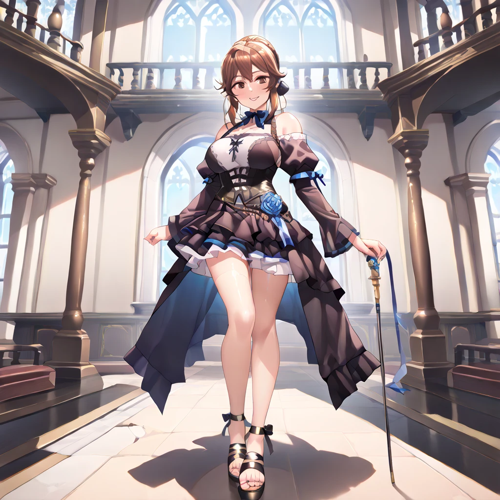 Stand in front of the audience、masterpiece、Very detailed、Surreal、Watercolor and ink painting、high waist、Brown and dark brown houndstooth A-line dress、Dark piping、Puff sleeves、Very detailed、so beautiful、White straight short hair、Knee-high boots、Young woman dancing、Toned, muscular body、Perfect Eyes、Character sheet,No belt design、Foot specifics、
