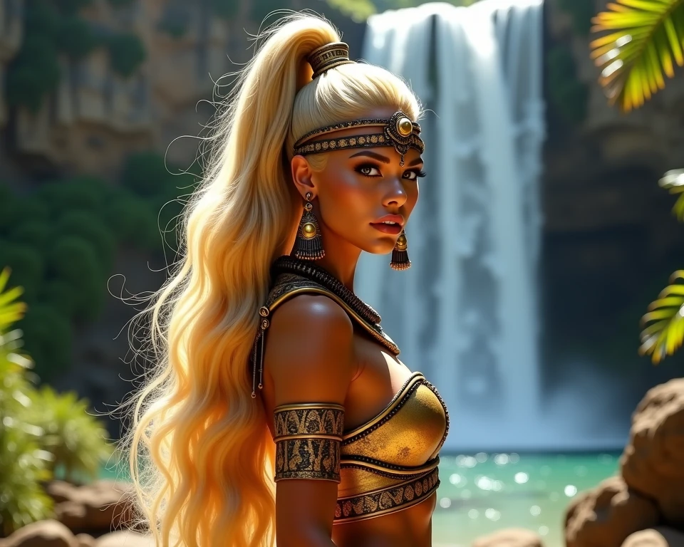 A woman in a gold and blue dress next to a statue of a lion, gorgeous goddess of leo, epic 3 d oshun, Gato Doja, Deusa Rainha, deusa jovem, pele escura deusa feminina do amor, deusa bonita, Princesa africana deslumbrante, bela arte digital, Princesa negra africana, Artgerm Julie Bell Beeple, epic 3 d yemaya
