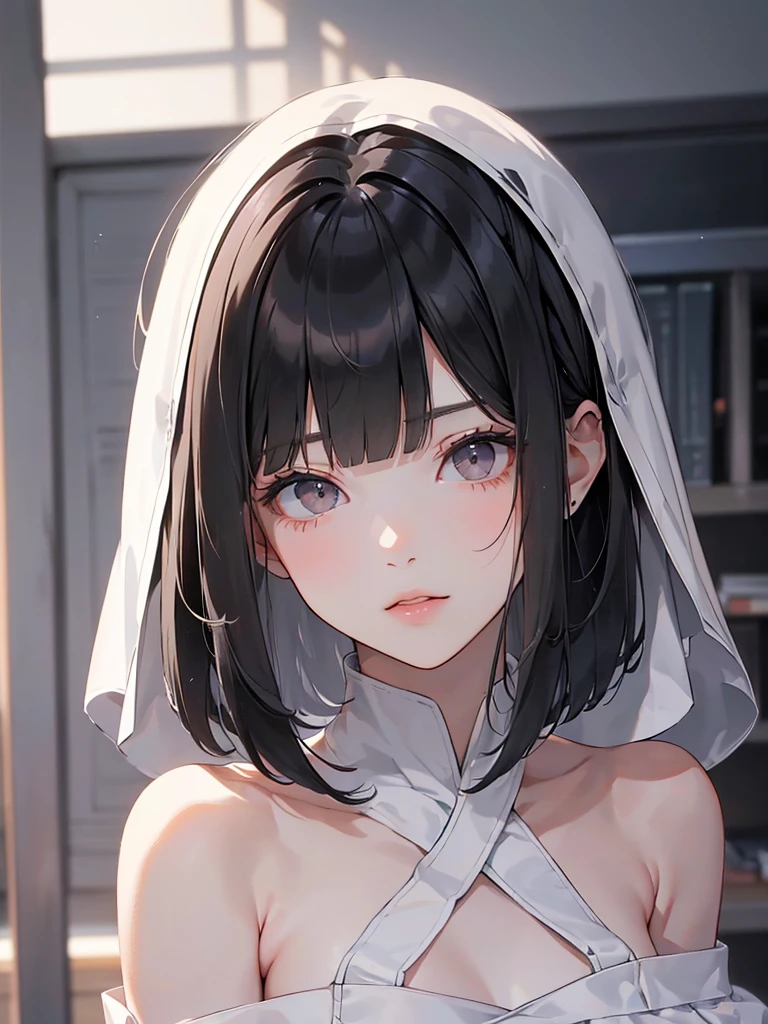 girl,Character design sheet,Beautiful attention to detail,Beautiful lip detail,Very detailed目と顔,Long eyelashes,Realistic,photoRealistic:1.37,Very detailed,Professional,Vibrant colors,Studio Lighting,Sharp focus,Physically Based Rendering,High resolution,超High resolution. White,Red eyes,Big eyes, Short Hair,White Hair,Red cheeks,Young face,Black Veil,Large Breasts,Waist,Button-down shirt,Long skirt,Moonlit Night,Grave