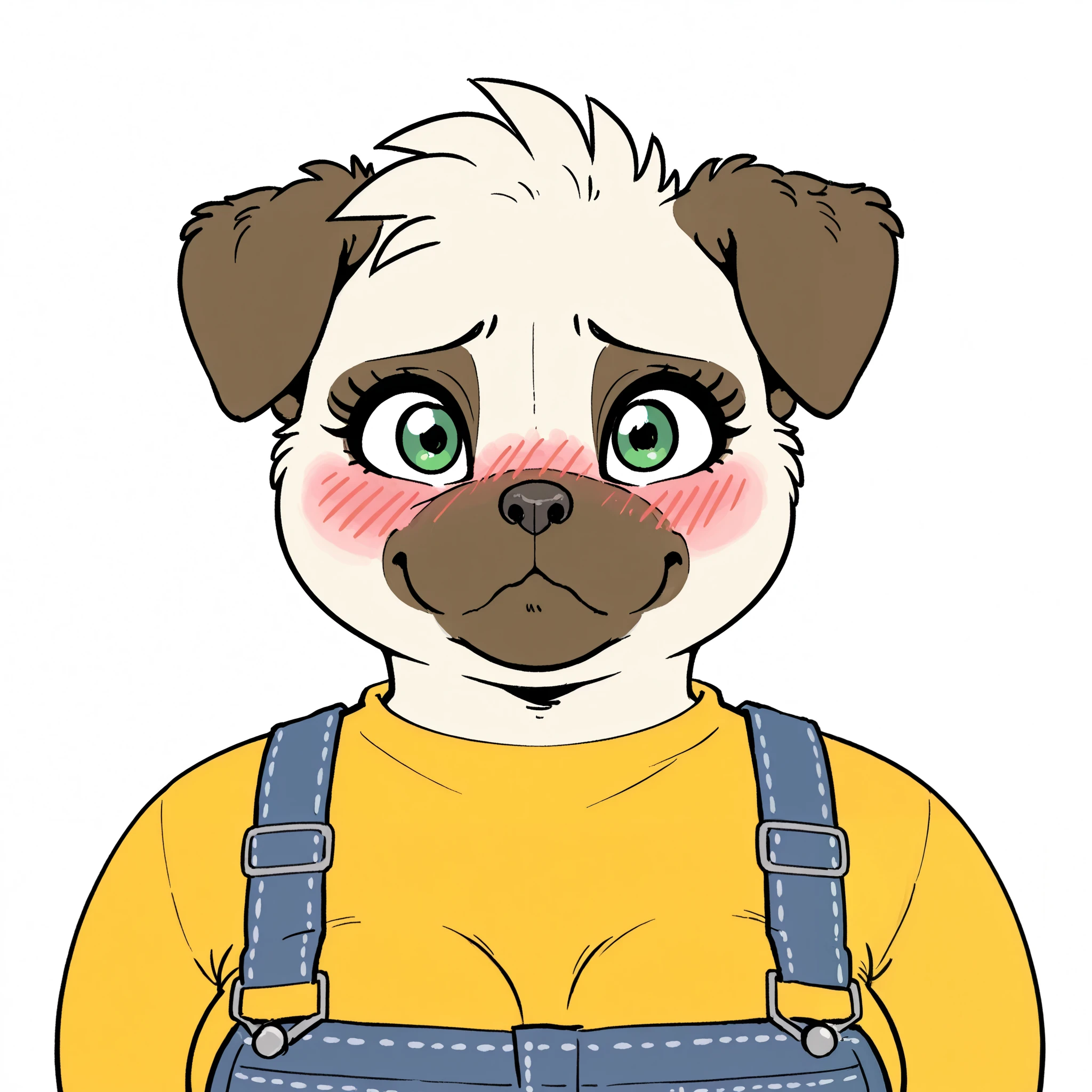 Anthro pug girl, green eyes, big eyes, big eyelashes, chubby, solo, small hands, medium breasts, blushing, black eyeliner, short woman, white background, shy, yellow top, denim overall, chubby cheeks, face focus, portrait, short hair, fur on head, looking at viewer, short hair