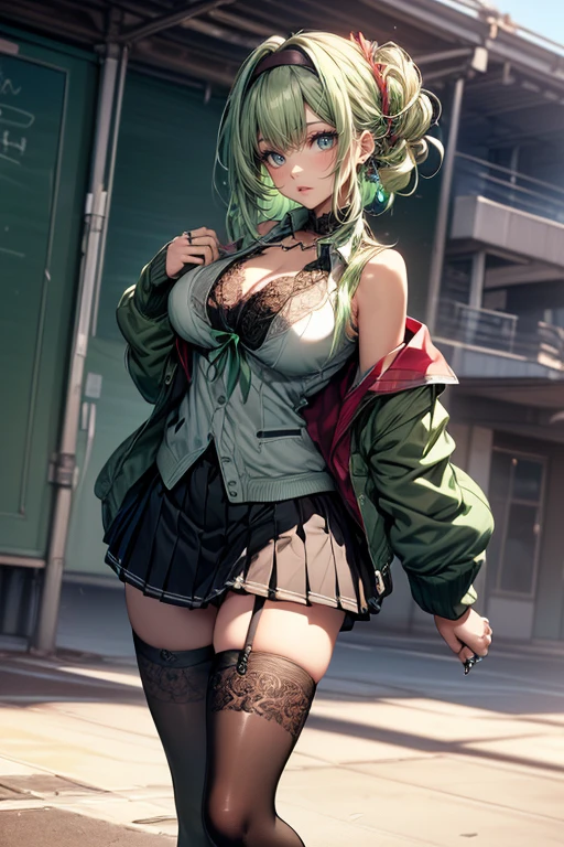 anime girl, skirt suit, high heels, large breasts, cleavage, braided bun, green hair, looking at viewer, female focus, cowboy shot, isekai cityscape, sunlight