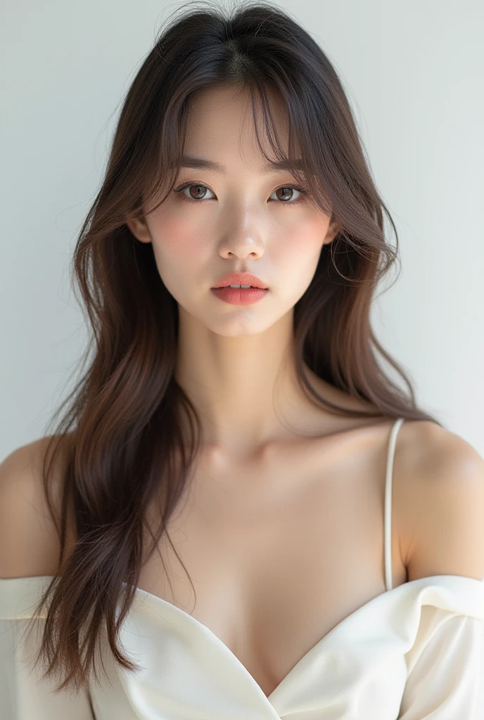 highest quality, masterpiece, Ultra-high resolution, (Realistic:1.4), RAW Photos, 19 years old, Simple gray background, ((Tube top、Upper Body、Lean forward、Hair disheveled)), Looking at the audience