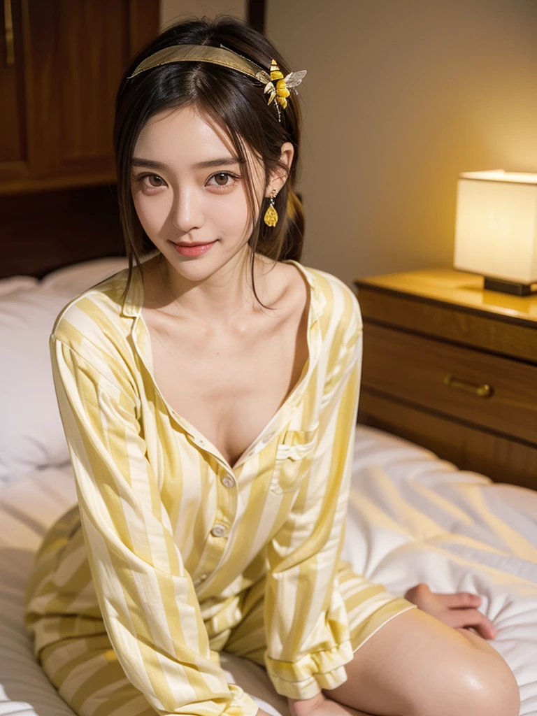 (8K、Raw photography、top-quality、masterpiece:1.2)、(realisitic、Photorealsitic:1.37)、ultra-detailliert、超A high resolution、1 fair-skinned girl、see the beholder、beautifull detailed face、floated hair、profetional lighting、a bed、((Yellow plaid pajamas))