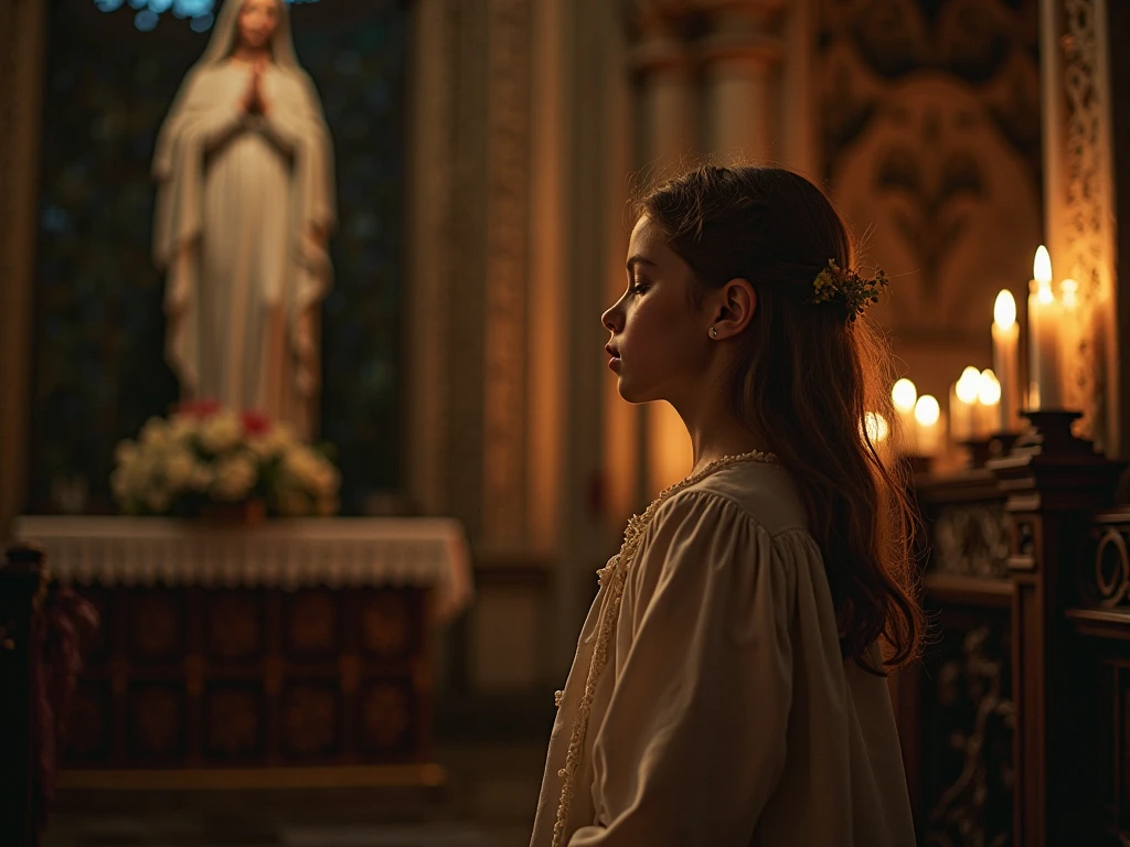 absurderes, 8k, 4K, work of art, hyper extreme detailed: 1 girl, facing forward, with your back to the altar, face perfect, eyes locked, standing, hair stuck, bun in her hair, hair net, eyes locked, red tunic, white surplice, long sleeves, fazendo penitential act de culpa, closed hand, right hand hitting the chest, child, Catholic Church, religious, Godlike, face forward, tilt your head, roupa coroinha red tunic, white surplice, right hand hitting the chest, penitential act. Left hand stretched down,