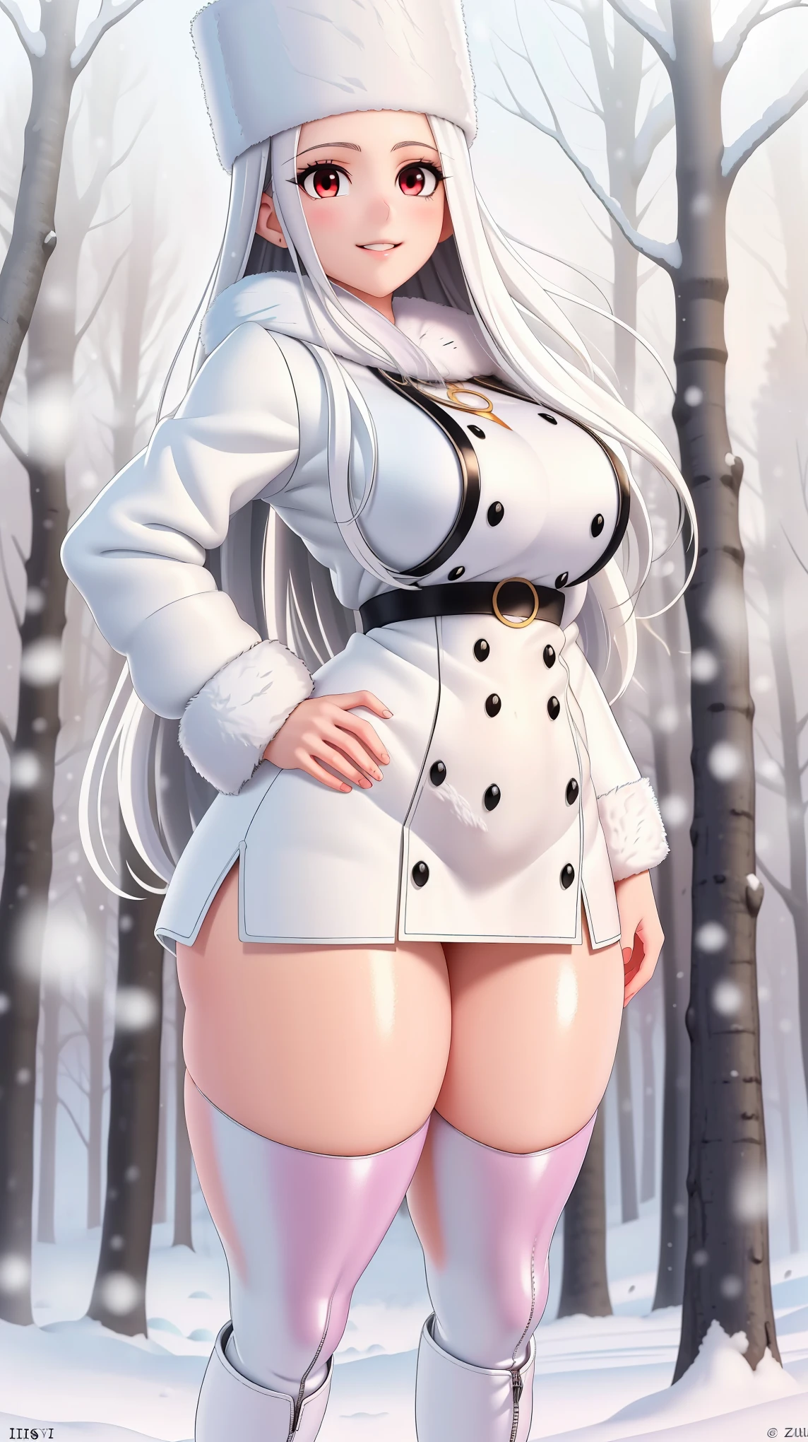 (((Top Quality))), ((Masterpiece)), ((Art)), (RAW Photo), (Shiny Skin), (Thick Thighs:1.8), (Vibrant Color:1.5), Ultra HD, High Resolution, Very High Resolution, Complex Grieble Pieces, White Color Theme, Long Flowing White Hair, Deep Red Eyes, Fair and Smooth Skin, Body Focus, Illustration, Cute Face, Extremely Beautiful, Very Big Breasts, Very Big Ass, zzirisviel, inspired by Irisviel von Einzbern from "Fate/Zero", wearing an elegant and regal winter outfit consisting of a long, luxurious white coat lined with soft fur, matching white fur hat, black thigh-high boots, and sheer pantyhose that subtly enhances her curves, soft fabric draping elegantly over her figure, standing gracefully in a serene snow-covered forest, her long silver-white hair flowing gently in the cold winter breeze, her piercing red eyes gazing forward with a calm yet noble expression, lips slightly parted in an enigmatic smile, one hand elegantly adjusting her fur hat while the other rests gently on her hip, faint snowfall adding a magical touch to the scene, background featuring a majestic winter landscape with towering snow-laden trees, a frozen lake shimmering in the distance under the soft glow of a pale winter sun, slight depth blur for realism, camera positioned at a slightly low angle, capturing her poised and elegant presence, creating an atmosphere of refinement, beauty, and mystery.