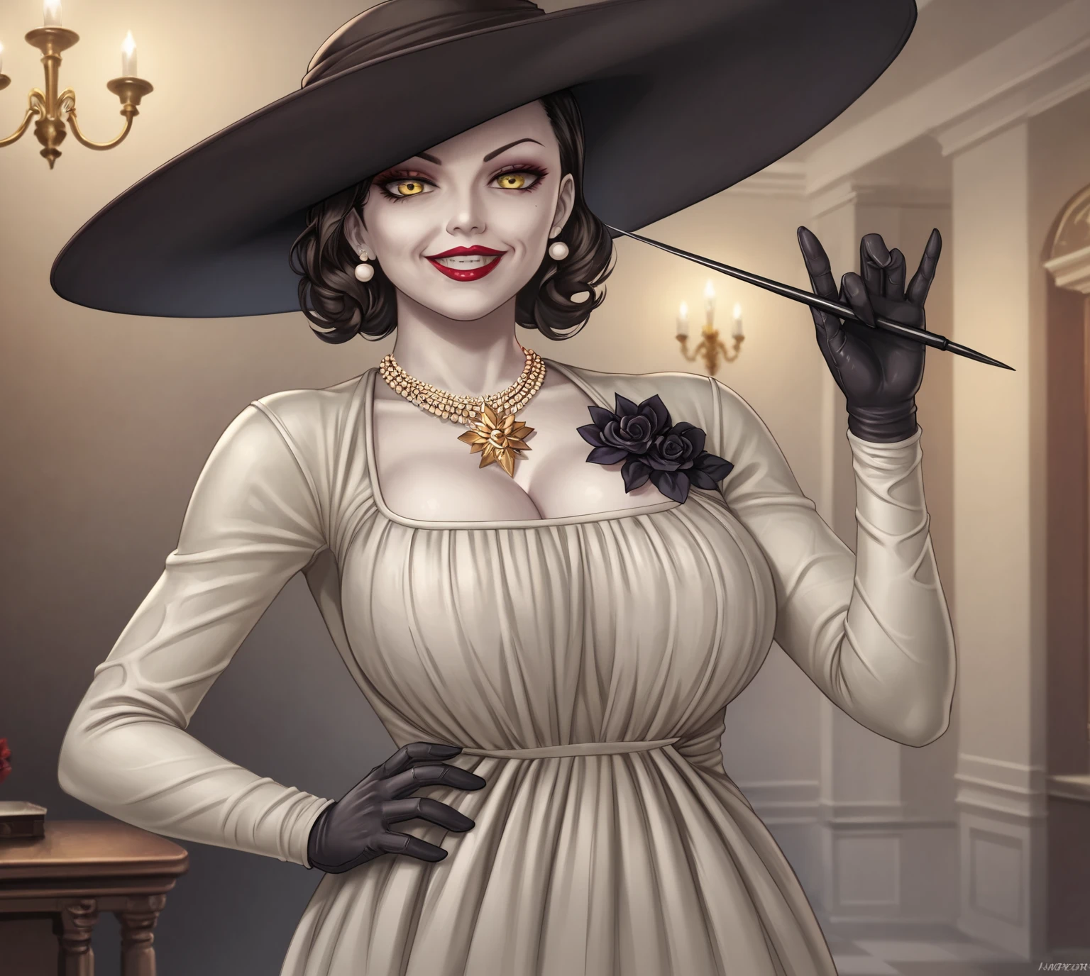 Alcina Dimitrescu from Resident Evil Village, beautiful woman, detailed, scary, dark, no background. Masterpiece, UHD