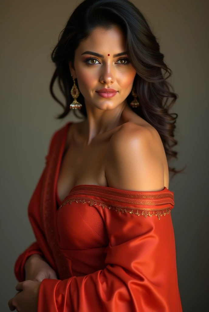 dress pulled down to expose left breast, (clearly visible left breast and nipple), perfect bangladeshi model, fantastic face, beautiful look, ((red lips, bright eyes, curve heir 1.5)), ((beautiful 32d breast )), (Straight round and ultra huge clevage, not sagging breast), A glorious gorgeous, glorious gorgeous face, pretty face, bright eyes, detailed elegant printed red saree, updo elegant hair, blurred gray tones background, ultra focus, face ilumined, face detailed, 8k resolution, A fashion model, Wear an off-the-shoulder top with uncovered breast, Glamour, paparazzi taking pictures of her, voluminetric lighting, Photorealistic