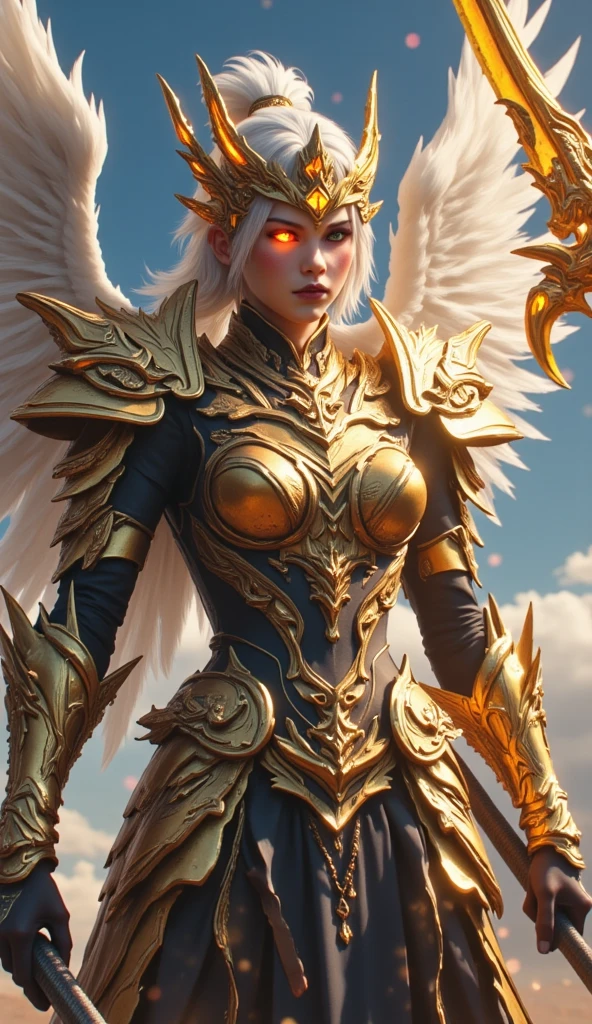 ((((Massive tall, beautiful, buff, light brown skinned muscular angel woman with white hair, huge angel wings, ginormous bulky muscles and wearing a beautiful white angel futuristic armor with pants)))), (close view), massive muscles, massive biceps, hyper muscle shoulders, massive muscle arms, vascular shoulders, hyper muscle triceps, huge angel wings, (long straight hair), blue eyes, choker, angel gauntlets, on top of a magical skyscraper in a mystical world, confidant smile, hyper vascular arm, hyper muscles arms, hyper muscle legs, (massive arms).