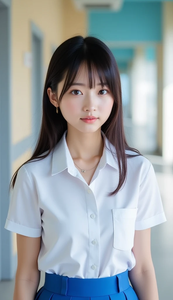(Highest quality、Tabletop、8k、Best image quality、Award-winning works)、Cute school girl、(White polyester collared shirt:1.2)、Navy Pleated Skirt、Girl portrait photography、Glowing Skin、Standing Elegantly、(Background of a large blackboard in a high school classroom:1.2)、smile、Smiling with beautiful teeth、(Face close-up:1.3)、(Accurate :1.1)