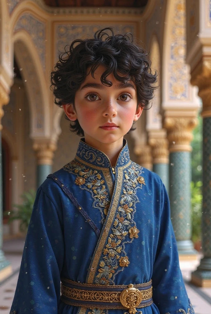 A boy with silver and brue hair styled in medium-length hair.
He has brue eyes.
His attire consists of a white dress adorned with brue and silver details, loose sleeves of patterned brue fabric, and a silver bracelet on her right wrist.
His dress is embellished with various brue gems and decorated with intricate silver patterns.