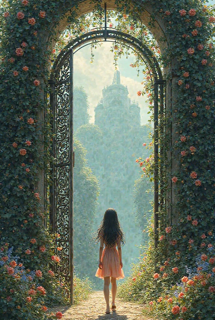 a girl, jardim de flores de rosas , caminho de seixos, master part, best quality, anatomicamente correto, Detalhes altos, 8k, O papel de parede, afastar