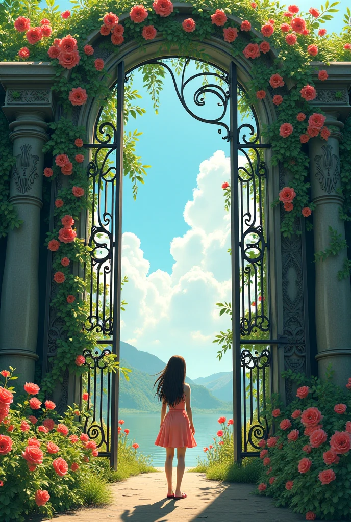 A girl in front of a huge metal gate that has flowers on it