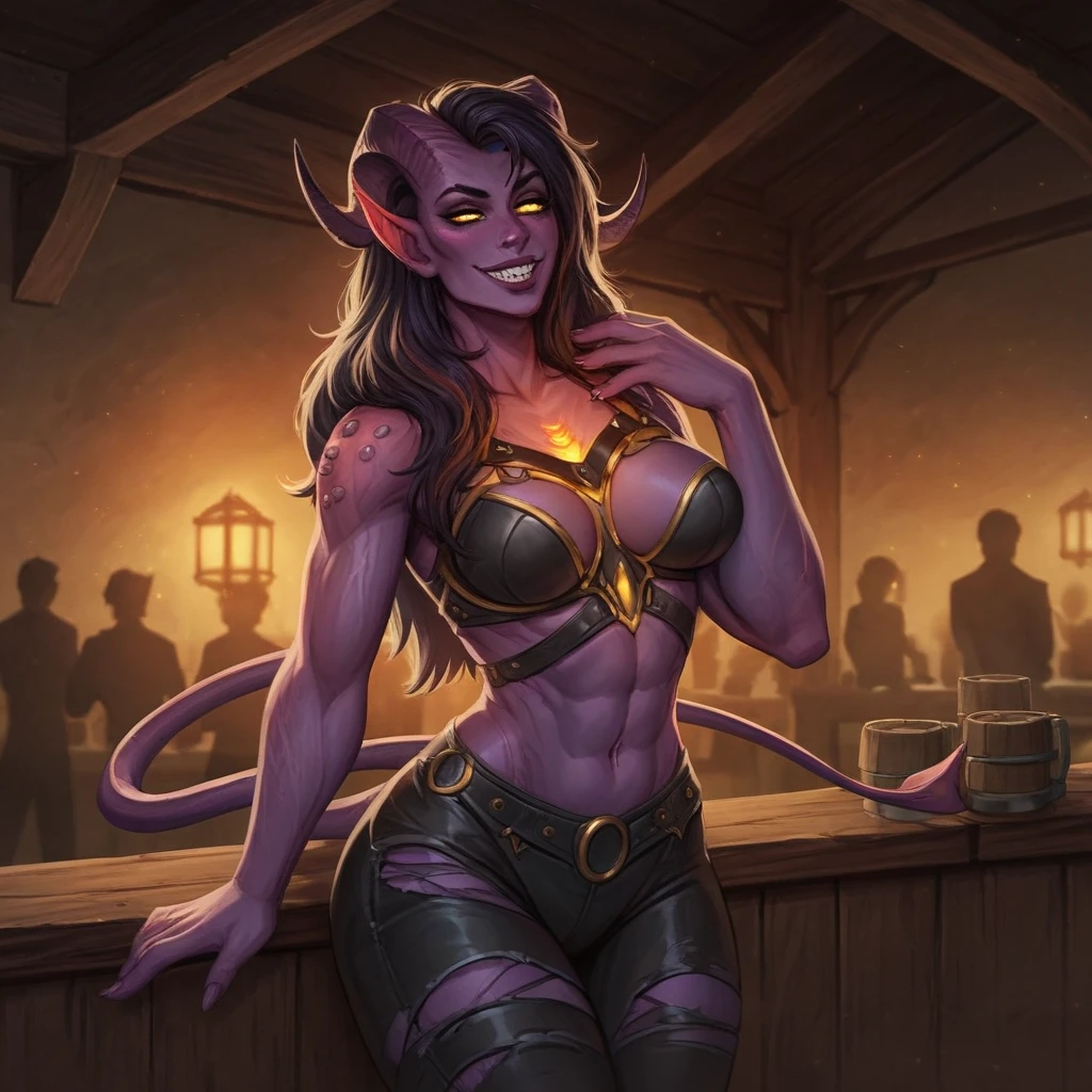 <lora:JinxLol:1>, <lora:WoWSketcherAlpha:0.8>, world of warcraft, tauren, tauren female, grin, skin, horns, furry, feathers, animal ears, fangs, JinxLol, mature female,1girl, solo,looking at viewer, navel, gloves, fingerless gloves, character name, midriff, bare shoulders, looking at viewer, gun, crop top, belt, outdoors, no pupils, body tattoos