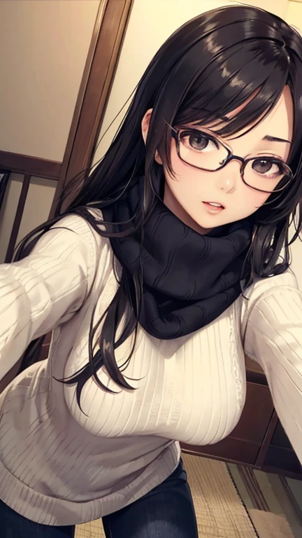 ((Highest quality)), ((masterpiece)), (detailed), One Woman,Beautiful woman,Japanese women,Crying woman,Full Body Shot,28-year-old married woman,Beautiful body lines,Beautiful Face,Clear Eyes,Hard, Beautiful Skin,Beautiful Hands,Beautiful feet,Long limbs,Black Hair,Beautiful long hair,Shiny Hair,Thin lipouth half open,Big Breasts,Blushing,blush,Embarrassed expression,Heavy breathing,Expressions of Ecstasy,Black-rimmed glasses,Dull eyes behind glasses,
Full Body Shot,Are standing,Leaning forward,Writhing Woman,
wearing a gray knit sweater,Turtleneck sweater,Sleeveless sweater,Sleeveless sweater,Beautiful clavicle,The sweater fits the woman snugly.'Body,乳首がAre standing,The fabric of the sweater is thin,NSFW love juice running down thighs,You're seducing me???Crying face,Climax expression,Ecstasy Facial Expressions,Orgasm facial expression,blush,