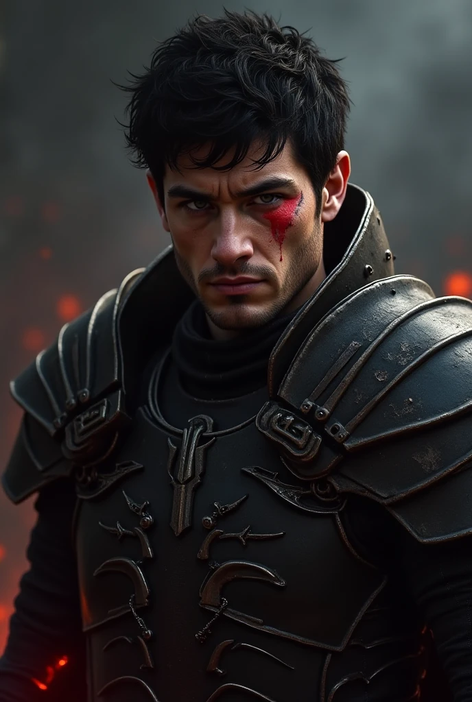 Close-up of a ((handsome male warior)) , half human, half beast. Their eyes are filled with hapiness and longing. The background is a trail of blood and violence. He wears a mechanized robot armor, carved with animal elements, human skulls. The sky is filled with swirling, fiery clouds. The photo conveys a strong sense of the warrior's appearance.