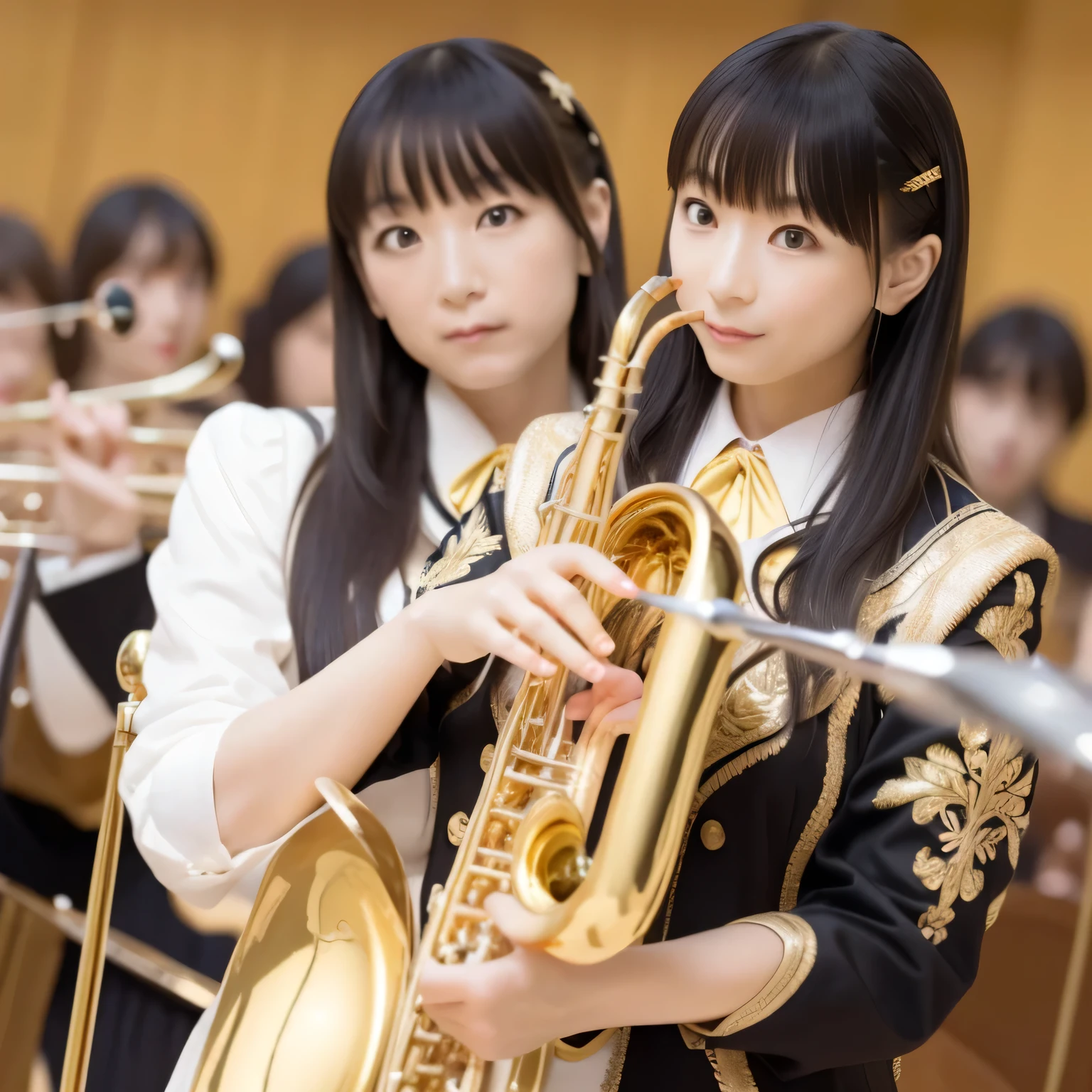 Depict a 20-year-old, dazzlingly beautiful woman playing a brass instrument in a grand concert hall. She wears an elegant yet practical band uniform, designed with intricate gold embroidery. Her posture is poised, fingers positioned with precision, her eyes focused as she plays passionately. The warm stage lighting highlights the shine of her instrument, creating a visually striking contrast between her and the surrounding orchestra. Black hair, long hair, dark eyes.