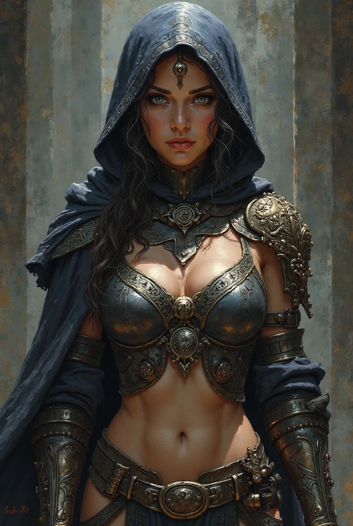(masterpiece), best quality, expressive blue eyes, perfect face, detailed eyes, dark fantasy, (ancient Greek warrior), cleavage, black and gold outfit, massive snoopy breast,