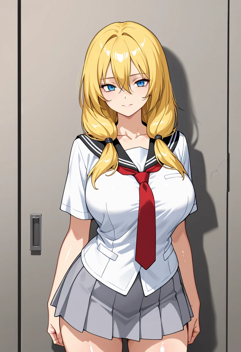 1girl,blonde hair, blue eyes, twintail,s detailed eyes, tight shirt, school uniforms,miniskirt,school hallway,lrge breasts, sagging breasts,(makeup:1.1),lipstick, sweater ,center open,midriff ,smirk,groin