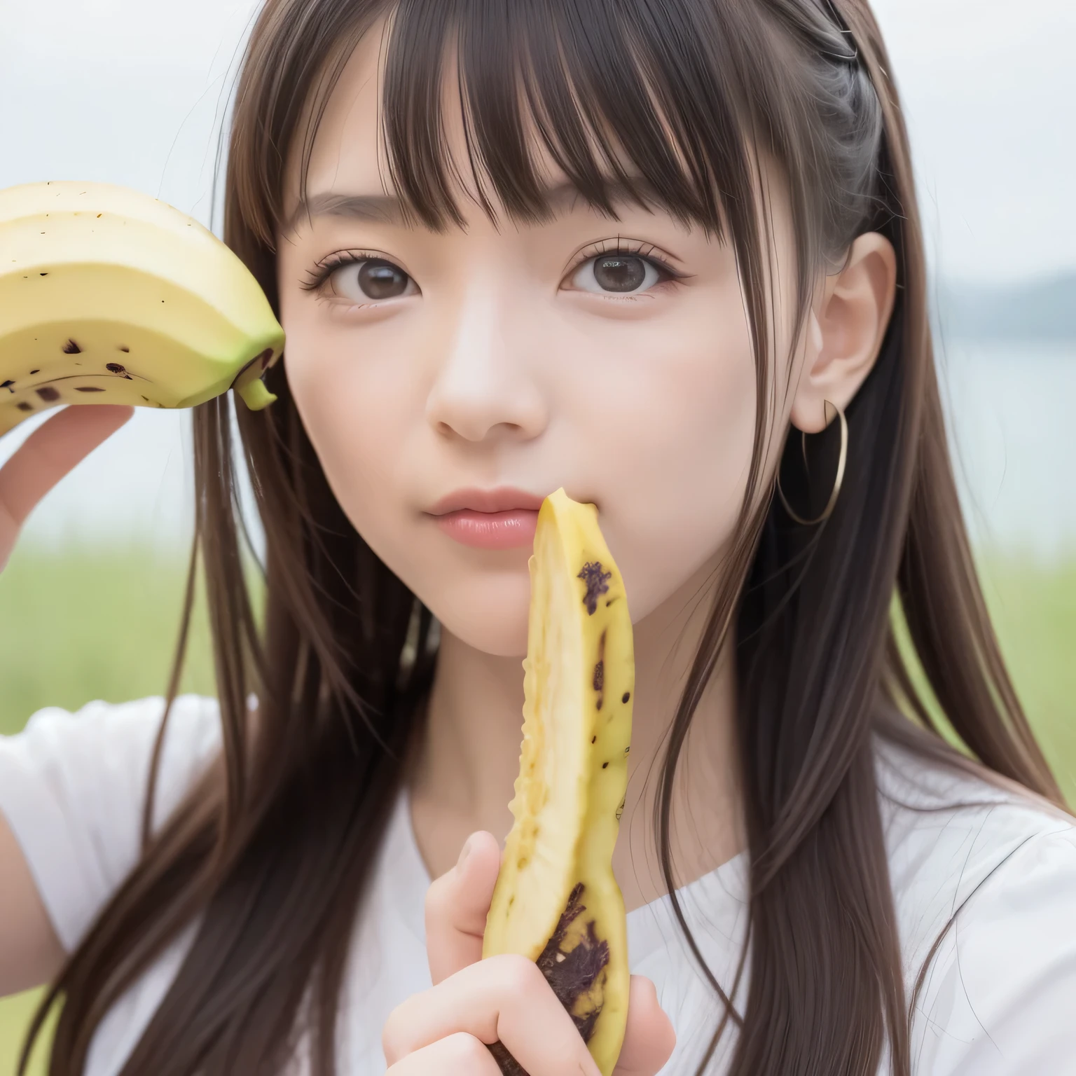 She is holding a banana with its peel partially removed, revealing the white fruit inside. She is eating the exposed white part. Black hair, long hair, dark eyes.