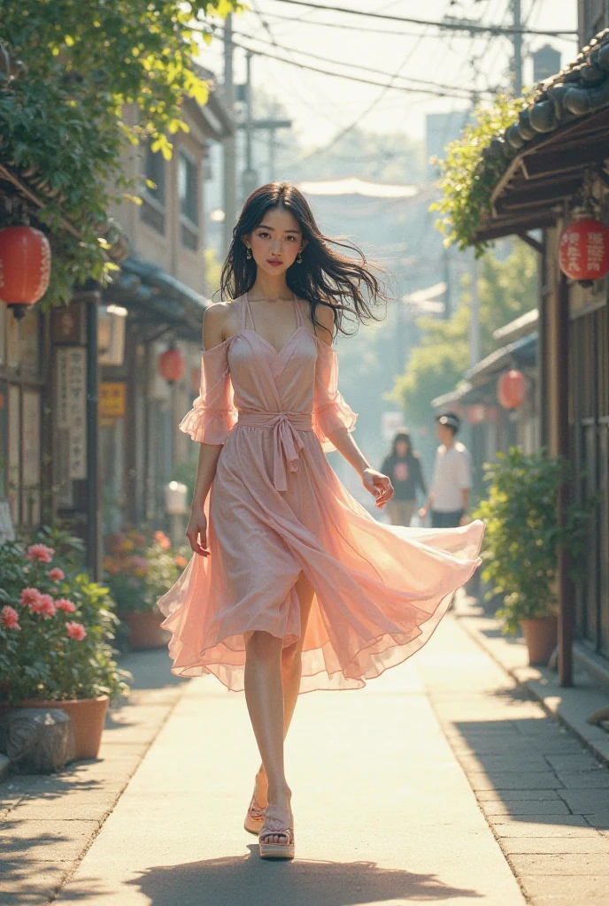 araffe woman in a pink dress standing in front of a building, wearing a pink dress, dressed in a pink dress, in city street, ancient city streets behind her, a young asian woman, young asian girl, a cute young woman, wearing a red cheongsam, young asian woman, captured on canon eos r 6, with flowers, vietnamese woman