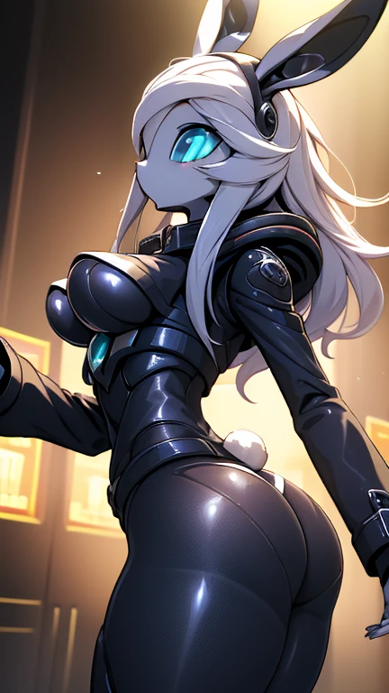 quality\(8K,Extremely detailed CG unit wallpaper, masterpiece, high resolution, top-quality, top-quality real texture skin, Surrealism, high resolution, RAW photos, Best quality, Very detailed, Light, Light line tracing, Golden Ratio\),Correct anatomy, mechanical lady, Robot girl, Doll Girl, ribbon, bunny girl, Highlight the essentials, Close-up above the waist, Close-up above the waist, Back, ((Stick your butt out:1.3, butt, big butt, Fleshy buttocks, Butt up, charming, Thick butt)), ((big butt, Big butt)), tights, Mechanical belt, Jeweled belt, Horological elements, Secular elements, silver, Bright silver, Silver, Anti-Light texture, Metallic, Old inn, Shabby Room, Neon lights outside the window