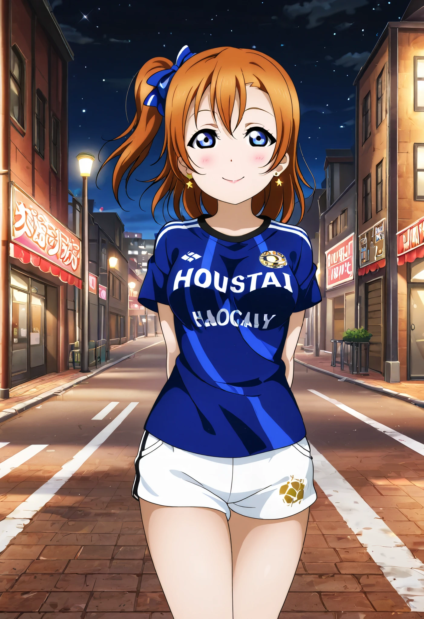 love live, Kousaka Honoka, love live, blue eyes, orange hair, earrings, soccer shirt,short shorts,night, street, breasts,hentai art style,arms behind back