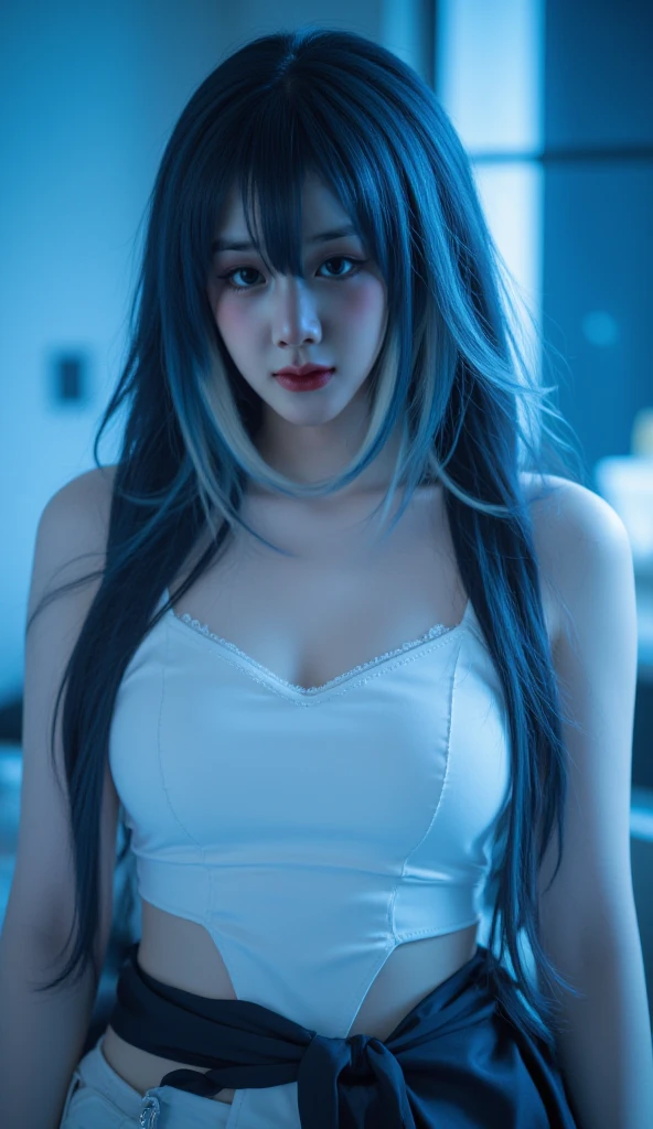 (photo realistic1.5),ultra detailed,(8K),(1girl),(cyberpunk),ruins,(bed:1.2),(cyberpunk costume:1.2),Future Items,topless,(small nipples),(big breasts:1.2),gravure,beautiful Japanese,clothes in disarray,earrings,shorts or skirt,(from above),looking at viewer,(reaching out),(snicker),bust shot,(blue hair),(half-up, half-down),22years old, 