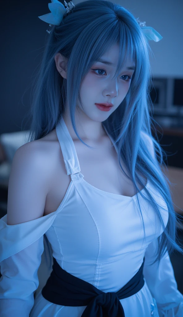 (best quality:1.15), (masterpiece:1.15), (detailed:1.15), (Dutch angle:1.3), (ActionFigureQuiron style), An Action Figure, by hot toys, Anime Action Figure, 1girl, half body shot, toy, character print, doll, ,indoors, a wonderful, friendly medic doctor woman with long blue ponytail hair sitting in an office chair behind a desk, (((blue hair))),(wearing white doctor's clothes), (white doctor's shirt with open buttons), star earrings and a pink flower on her head, a pink top inside, a gold necklace with a star, wearing pink glasses, a doctor's office, a table with a computer notebook, a stethoscope on her neck, wearing glasses, an all-white room., looking at viewer,((shirt tug, over-sized white shirt with shoulders showing, necklace)), (22 years old woman), gorgeous, goddess,cute, smilling, long blue flowing hair glamour, (blue eyes, beautiful eyes), beautiful face, perfect illumination, (beautiful detailed eyes), looking at viewer, stunningly beautiful woman, detailed hairstyle, good hands, detailed hands