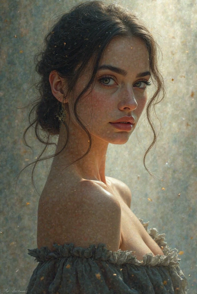 A naked woman imitating the aesthetics of Rembrandt paintings, (oil painting, realistic), detailed facial features, soft lighting, rich textures, delicate skin tones, intricate brushstrokes, exquisite details, harmonious color palette.