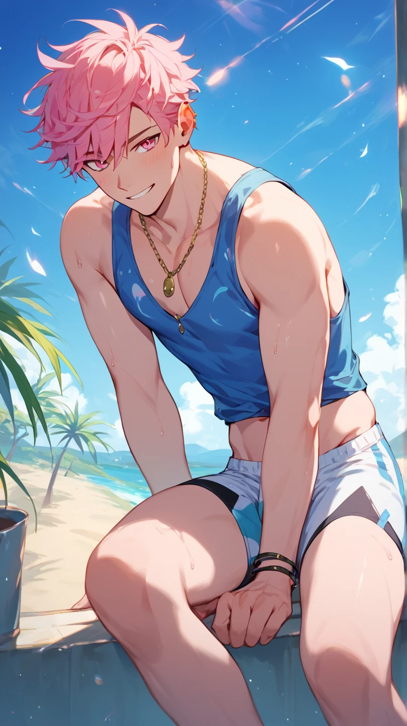 A handsome muscular pink haired man with violet eyes with long hair in swim trunks is sitting on a rock at the beach