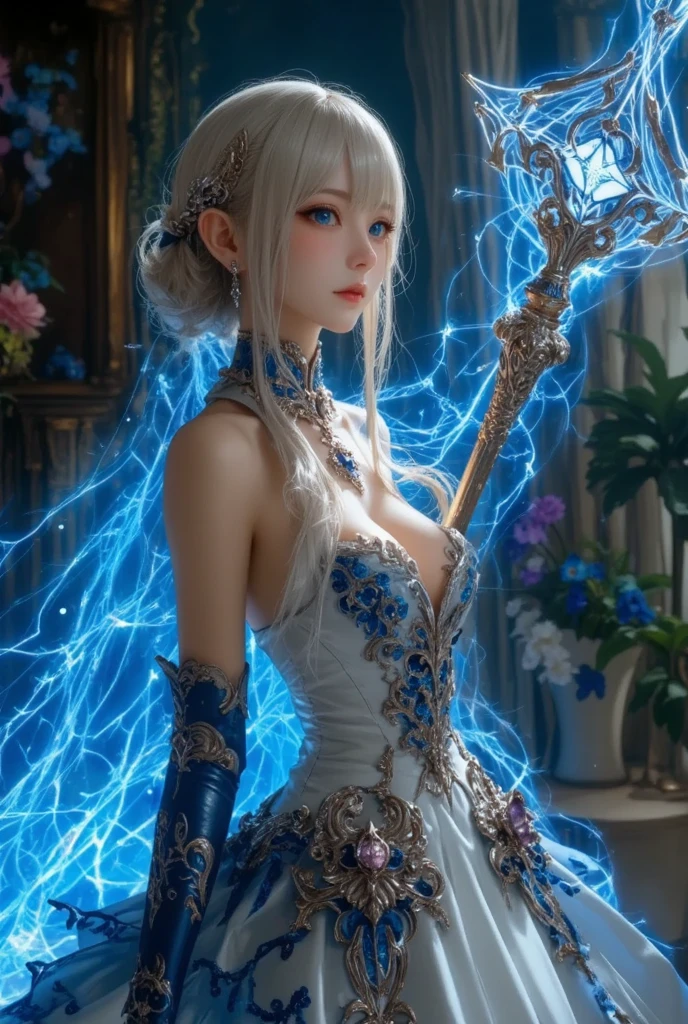 ((upper body)), best quality, masterpiece, a Japanese woman with ((Luminescence white hair)), ((detailed pearl blue eye)), high detailed goddess soul, focus on character, solo, (style swirl magic), solo, from front, front view, looking at viewer, detailed face, ((Luminescence Lighting Magic Circle theme)), perched on a ledge, tight neon body, light streaks, dark abyssal wanderer abstract, ((Simple Luminescence Neon Gown)), inscribed with mystical runes, outdoor dystopian background,