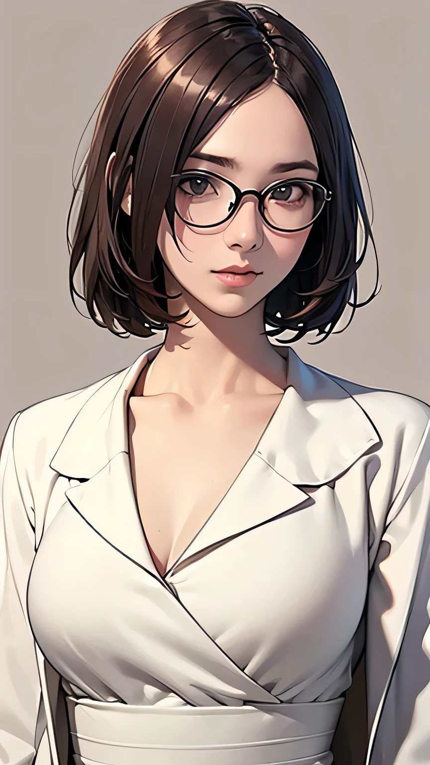 1woman, short brown hair in a low ponytail, brown eyes, medium breast, glasses, moles, white buttoned shirt, full lips, smile, solo, best quality, masterpiece, portrait, simple background, looking at the camera, from the front, detailed, perfect anatomy, detailed art, high definition, 4k, high resolution