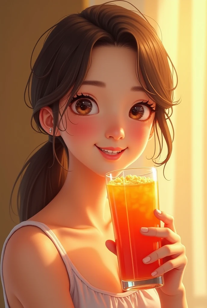 realistic photorealistic photo shows a 23 year old Sundanese girl selling iced tea. She was wearing a knee-length white house dress, chubby, her hair was dyed slightly reddish, tied in a ponytail, wearing a necklace that said "ripto" She was in a simple booth that was marked "ES SUSU TETEH" in big letters and spelled correctly. Late afternoon atmosphere, illuminated by the setting sun. very detail.
