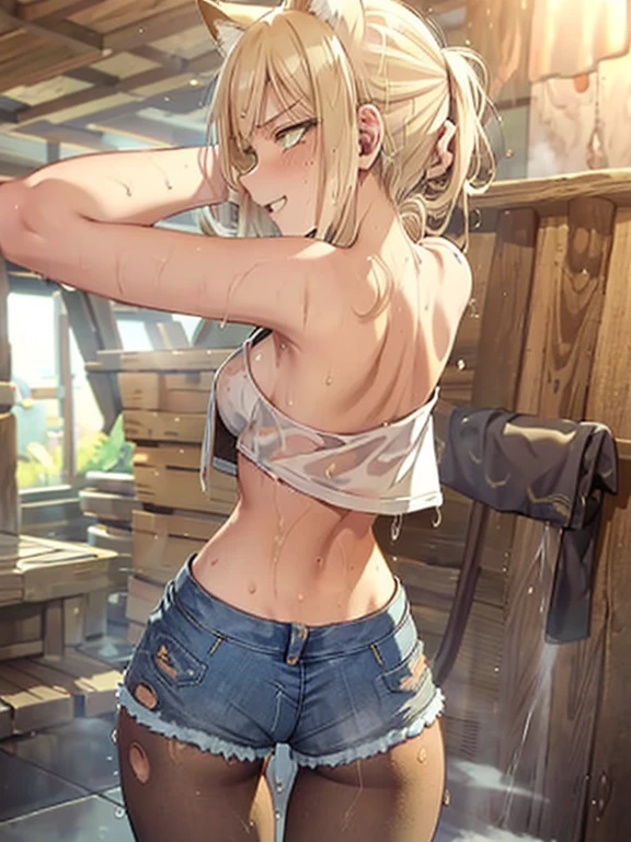 8K, 4k, highest quality, High resolution: 1.2), (masterful, realistic, Photoreal: 1.4), two women,  beautiful face, she is crying、Shining Lipin Eyes, beholder, Fair skin, white skin: 1.5), Fine complexion, big, big,  blonde hair color、bangs, ,  young, s asack-view、big ass、super breasts、H cup、lower hair、wearing a maid headband、Rear view、exposed nipples、T-back that digs into your butt、thong lingerie、wear a pink thong、pink lingerie、emphasize the buttocks、pink calvin klein thong、elf ears、cute hairstyle、Wearing headphones、Being touched on the buttocks
