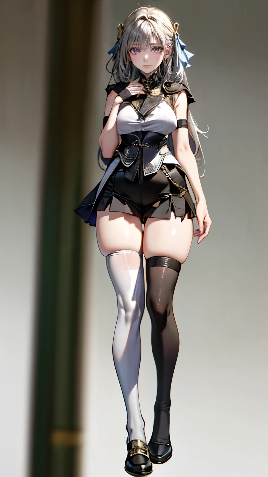 ((Biologically correct limb count))、(( From head to toe、Full-body photo including face))、4K、((Standing position))、masterpiece、((Focus on the face))、((Symmetrical facial features))、Eyes with detailed description、Beautiful woman、Great style、Beautiful arms、Beautiful legs、Beautiful Hands、(Small Ass、Thin thighs)、Facial detailing、Small earrings、necklace、(Latex skirt、High heels、Black garter stockings)、Face close-up、smile、stage.、beret、Silver Hair、((Alluring))、(((Back view、Looking back)))