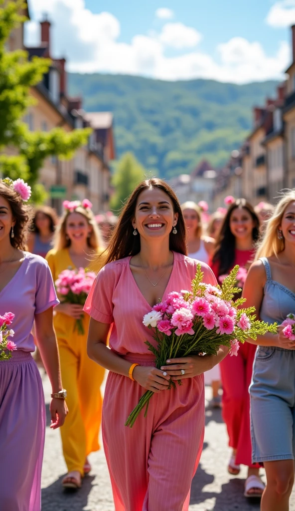 35mm film photography, A lively street scene with an Asian woman in a pink shirt walking alongside a Caucasian woman in a pink dress, both holding a sign that reads 'Breast Cancer Awareness Month,' with colorful banners and balloons floating in the background, under a bright sun., high detail, pastel, soft tones, golden hour glow