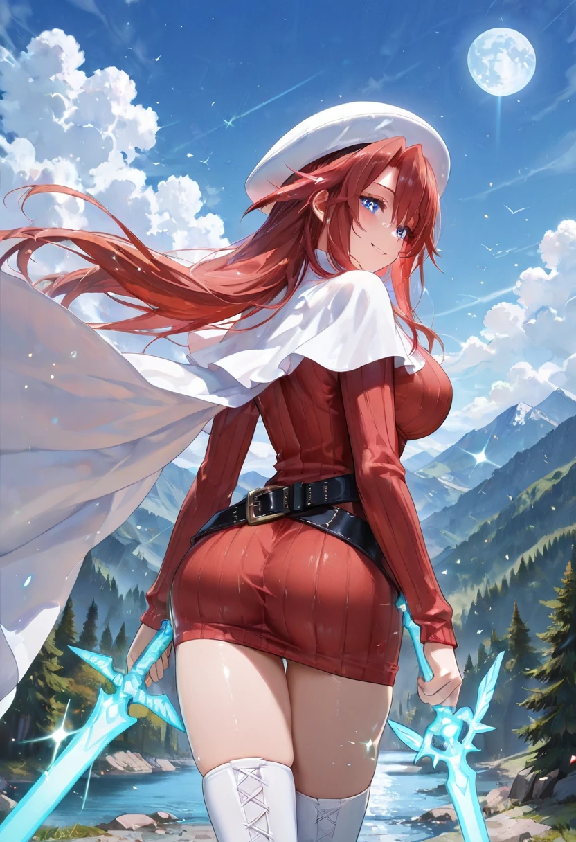 summonnightaty, aty, long hair, blue eyes, red hair, beret, hat, glasses,
BREAK long hair, thighhighs, hat, dress, boots, glasses, belt, cape, sweater, zettai ryouiki, beret, thigh boots, white footwear, ribbed sweater, loose belt,,
BREAK outdoors, fantasy_town,
BREAK (masterpiece:1.2), best quality, high resolution, unity 8k wallpaper, (illustration:0.8), (beautiful detailed eyes:1.6), extremely detailed face, perfect lighting, extremely detailed CG, (perfect hands, perfect anatomy),(covered_nipples:1.3),covered_navel,light_smile,dynamic_posing ,walking,(half_eyes:1.2),light_open_mouth,sword,armpit