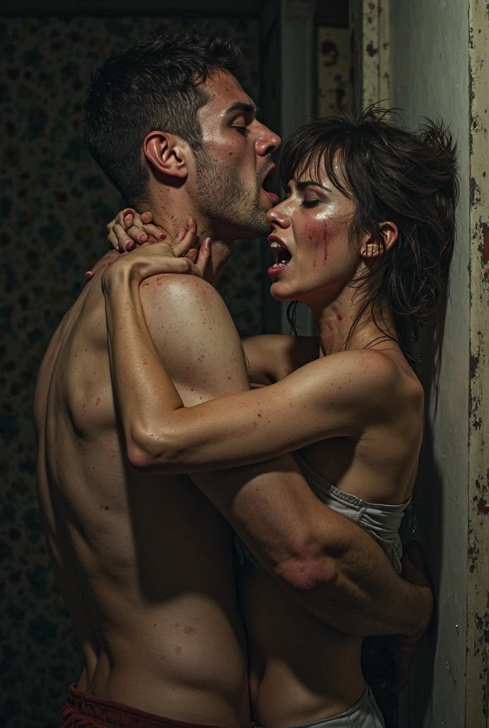 Two people inside a black carriage, half naked, beaten. She is an adult brunette woman and an adult black man.