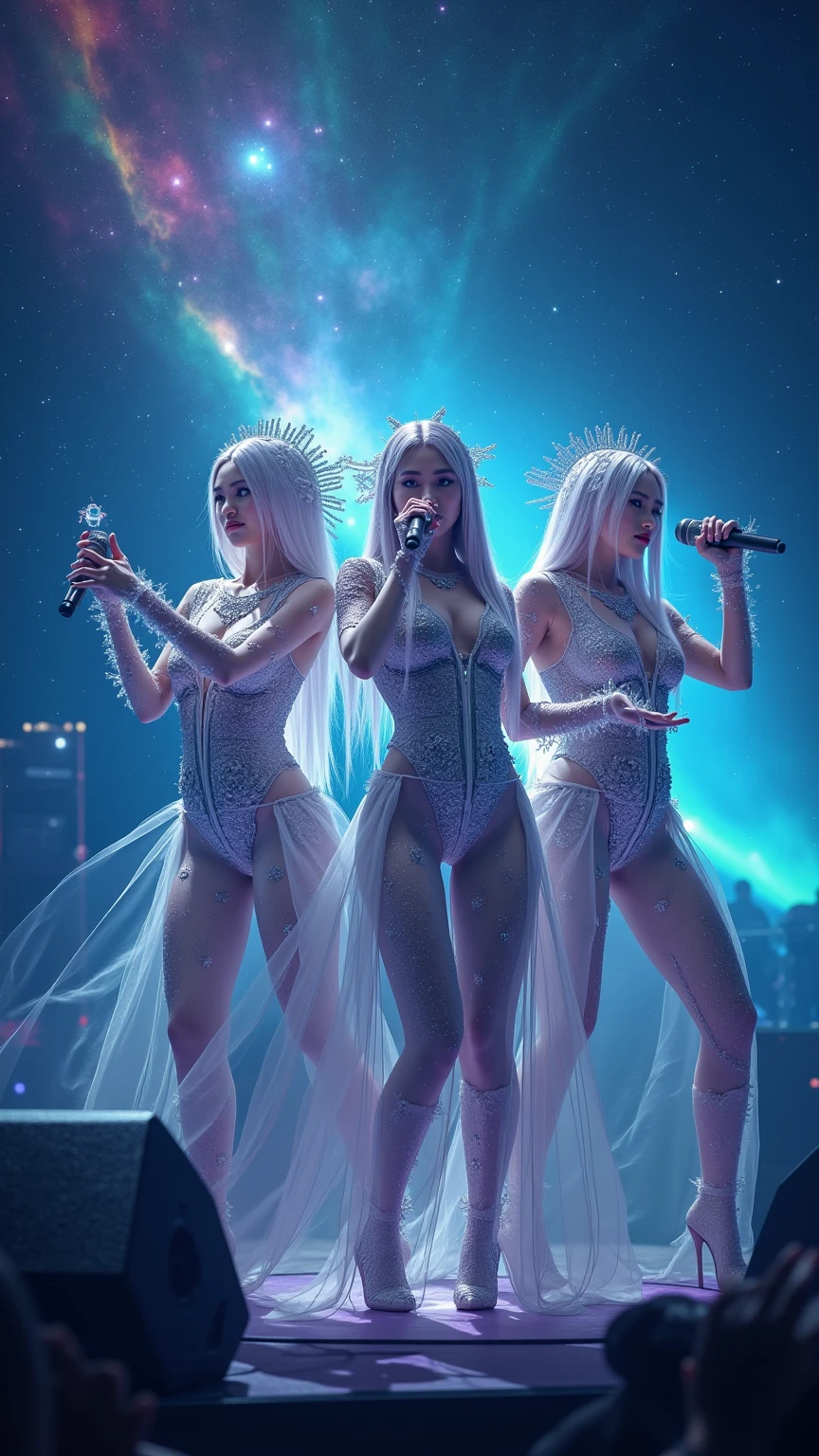 A 20-year-old black-skinned female singer with a radiant complexion, adorned with star-shaped earrings, stands confidently on her brightly lit stage, donning a dazzling, intricately designed pop diva outfit that shimmers with iridescent sequins and glittering fabrics, her long, flowing white hair styled in loose, luscious waves that cascade down her back, her full lips curled into a bright, bold smile that reveals a set of pearly whites, her almond-shaped eyes lined with a subtle, shimmery eyeshadow that matches the sparkle of her outfit, as she grasps her microphone with a bejeweled hand, exuding an aura of youthful energy and captivating stage presence, against a backdrop of swirling, vivid colors that evoke the dynamic, high-octane world of pop music.