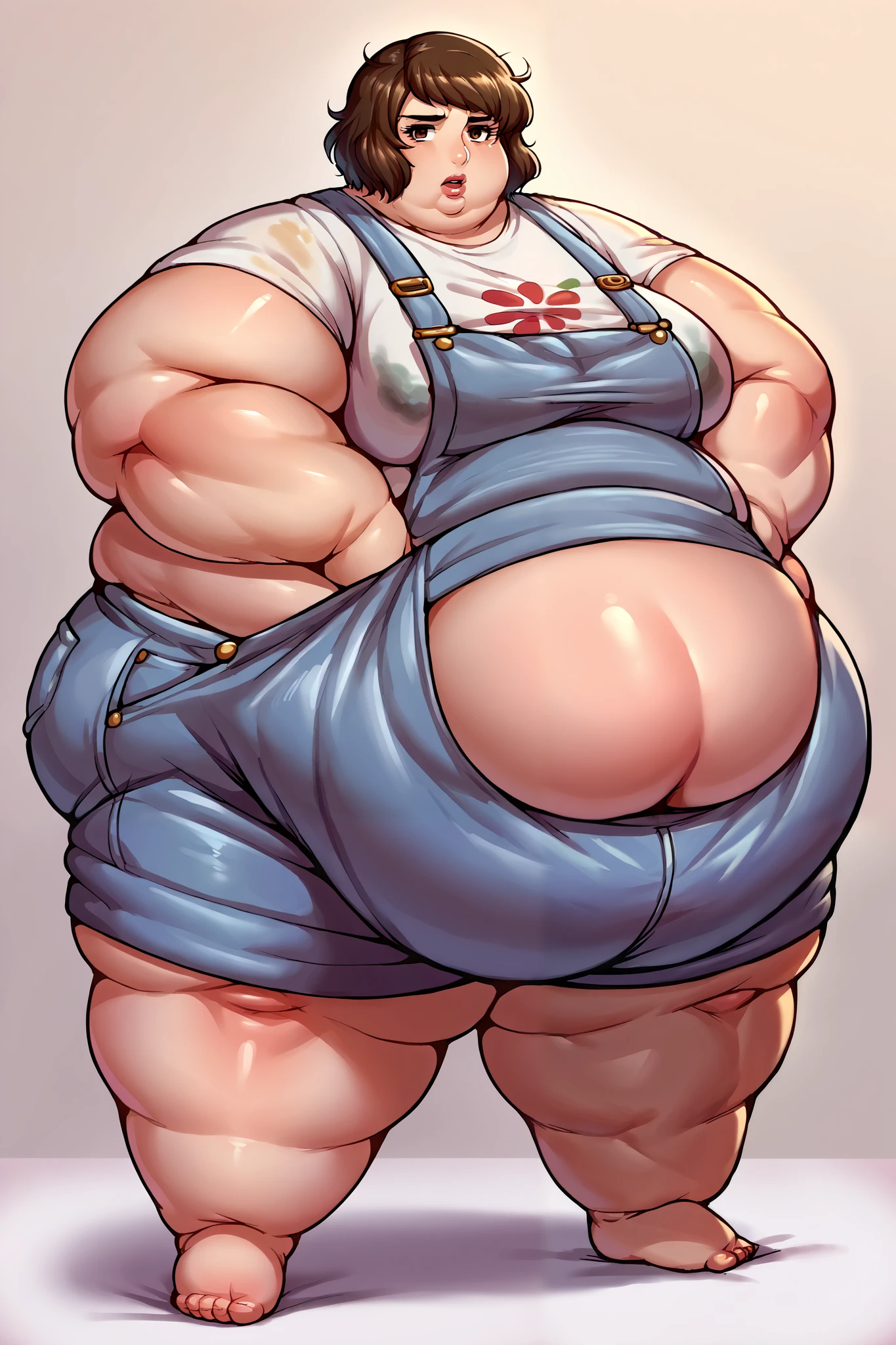 (Morbidly obese body:1.2)(Fat neck and chin:1.3)(Obese:1.1),fat, Slightly chubby, sad, farm backround, Full body, looking at viewer, 1girl, solo, short pink hair, (dark blue choker), (dark blue denim overalls), (purple eyes), (pink boots), (white shoulder lantern sleeve blouse, tucked in pants