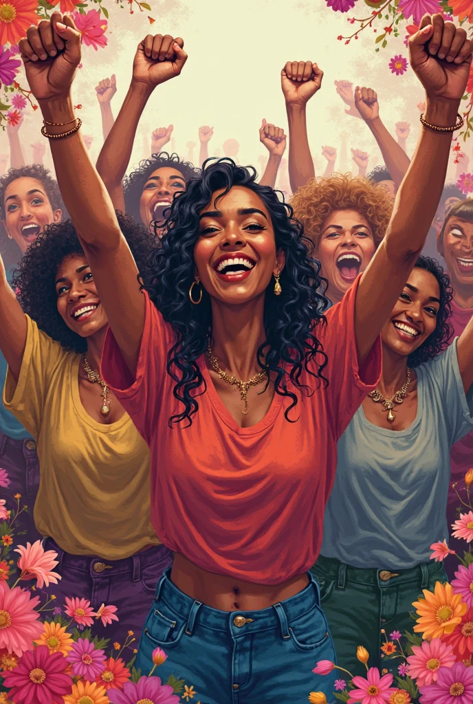 Imagine a vibrant scene featuring a diverse group of Black adults standing confidently before the camera. They exude joy, with broad smiles, holding drinks, and dancing energetically in a lively party setting illuminated by show lights. The group of friends includes mature individuals with natural, straightforward body types typical of North American styles from the 2000s. To enhance the depiction, add more people in the foreground for a detailed, high-quality representation.