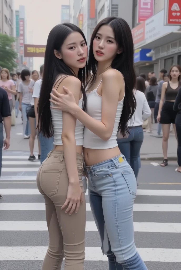 (((Not wearing pants、fullnude)))、Two naked girls hugging each other, a beauty girl,((Matte skin))、The wind is blowing、Well-formed face、14years、8Head and body、a small face、A slender、Very skinny、skinny,Model body type、Beautiful shiny hair、Backgrounds that look like real photos、Embarrassed face、miscievous smile、NSFW、Rear view、Open the female genitalia by hand、Thigh strap for only one leg