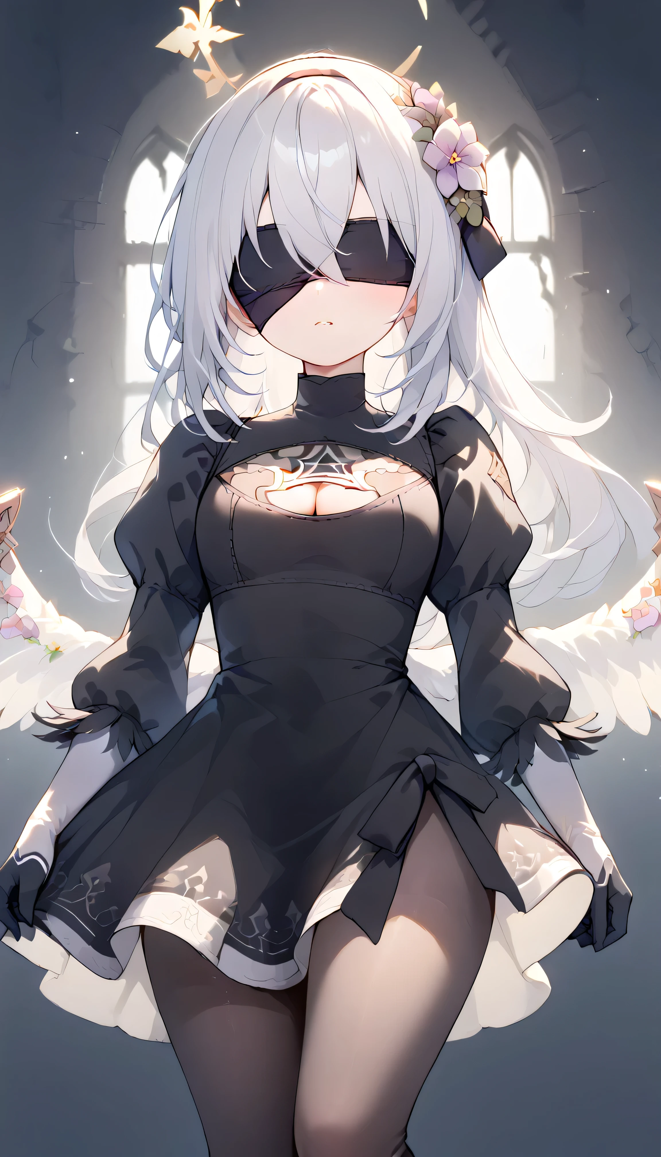 Azusa (blue archive),white hair,long hair,Wings,hair flower,halo, Alone, I can see my eyebrows from inside my hair, hair between their eyes, 2bcosplay, 2b \(Nier\:automata\) \(cosplay\), gloves, long sleeves, dress, puffy sleeves, black dress, clothing cutout, cleavage cutout, juliet sleeves, feather-trimmed sleeves, blindfold, black blindfold, covered eyes, viewers, masterpiece, Top Quality, very aesthetic, thick thighs, ruins gray sky