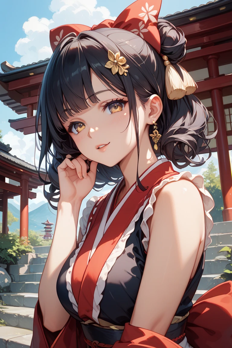 ((masterpiece)), textured skin, super detail, high details, high quality, best quality, highres, 4K, (Detailed Lights, Detailed Shadows), 1Woman, Close-up, Portrait, Extremely Detailed Clothes, ((Modern Clothes)), Beautiful Hair, Hair Down, Extremely Detailed Background of mountain top, Beautiful Background, (Black Colored Hair), MakeUp, (Chinese Dress), Earring