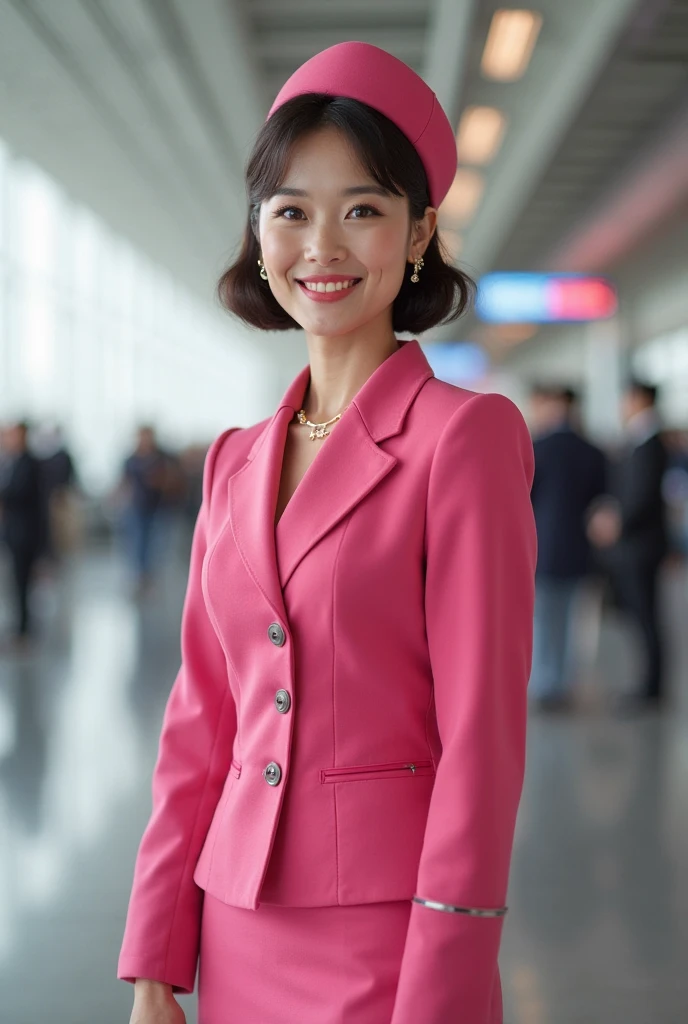 (masterpiece:1.2, Highest quality:1.2), 32k HDR, High resolution, (alone、One girl)、（At the station platform、Professional Lighting）、Empty train station platform background、（Realistic style of JR Gran Class crew uniform）、Short sleeve blouse、a scarf around the neck、（JR Gran Class flight attendant uniform with pink parts on the skirt sleeves）、（The uniform of a flight attendant in JR Gran Class has a pink line on the front zipper of the vest.）、Dark brown hair、（Chignon、Hair tied up）、Dark brown hair、Long Shot、Big Breasts、（（Great hands：2.0）），（（Harmonious body proportions：1.5）），（（Normal limbs：2.0）），（（Normal finger：2.0）），（（Delicate eyes：2.0）），（（Normal eyes：2.0））)、Big Breasts、Luxury Necklace、smile、Beautiful standing posture,Place your hands around your stomach