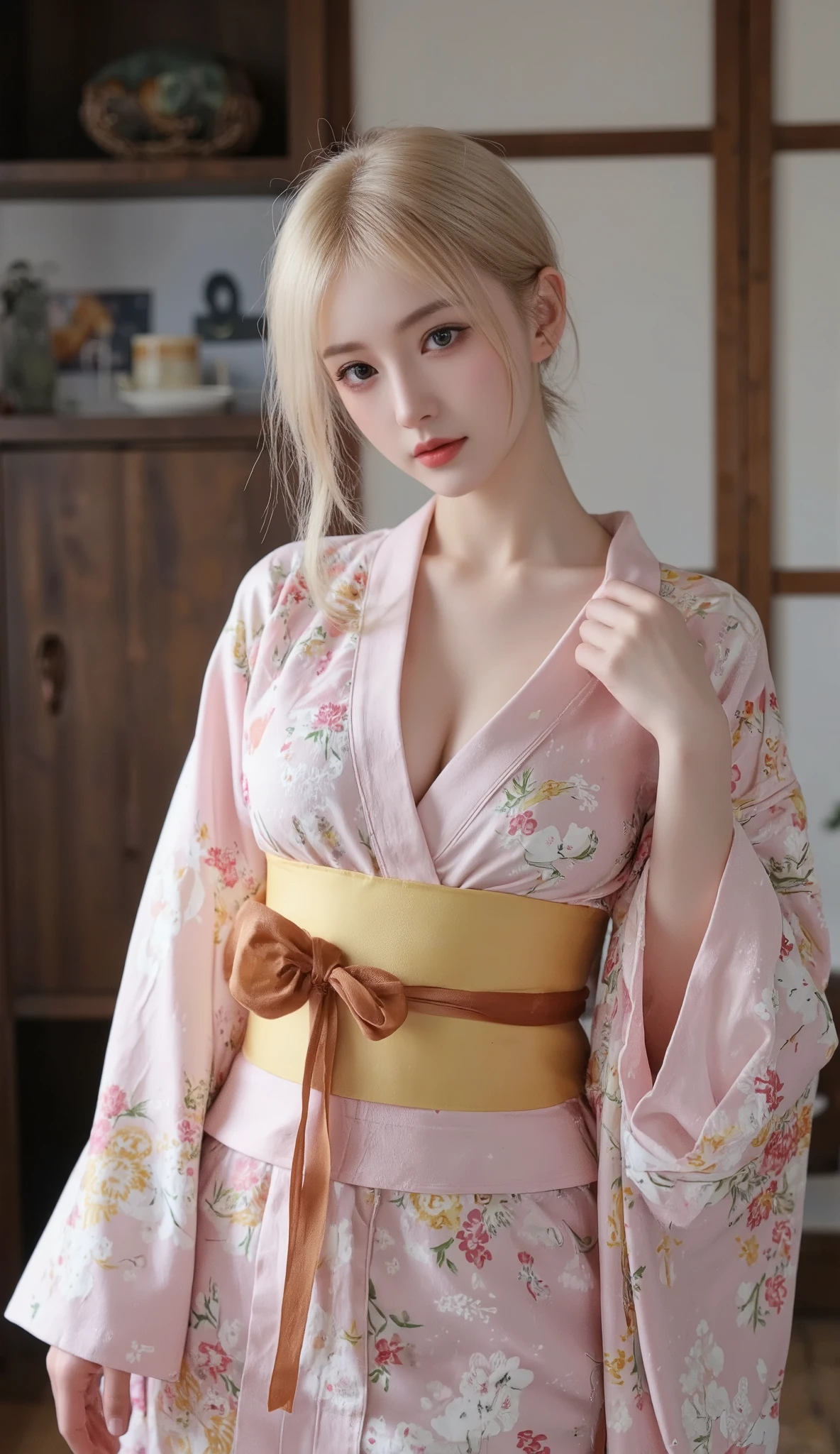 a japanese girl、y body,Smank,((kimono:1.5)),bra very、 Big breasts,  legs wide, posing provocatively, Innocently,Real photos of girls、pony-tail hair、Blonde disheveled hair、sexual excitement:2.0、Eysed、 masturbation、Crying with open ps