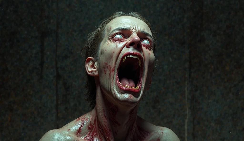 A bloody and gory decapitated head in refrigerator freezer, nightmare
