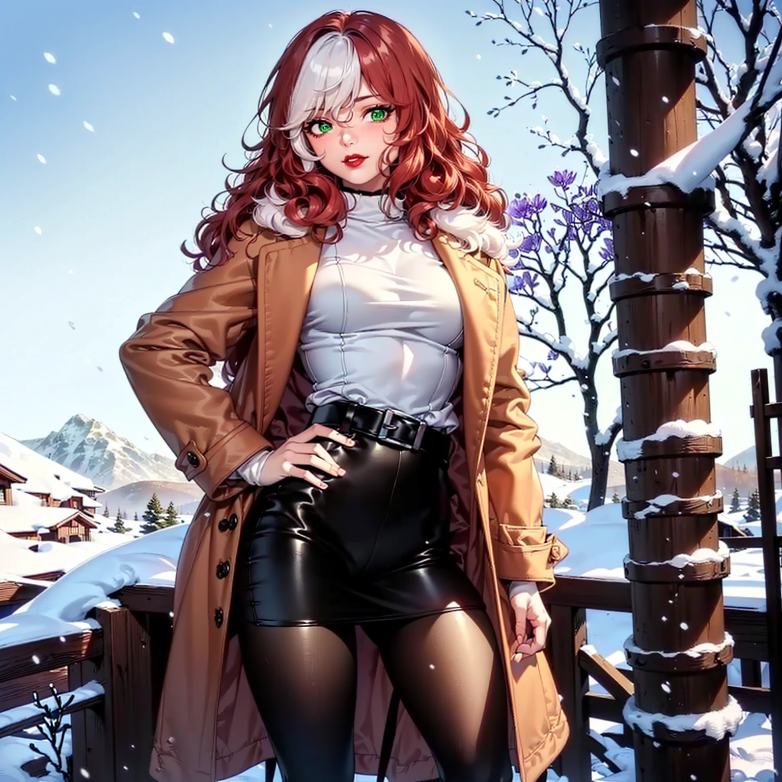 (1girl, Alone, alone), (rogue, ((clsscrgedsk, wavy hair, curly hair, medium length hair, brown hair, Wavy hair, messy hair, a strand of white hair, bow hair, green eyes)), x-man), ((Alone, (1woman,pink lipstick ), extremely detailed , Soft ambient lighting, 4K, perfect eyes, a perfect face, Perfect Lighting, the 1 girl)), ((fitness, , shapely body, athletic body, toned body)) , ((warm clothes, overcoat, fur coat, gray sweater, leather skirt, tights, pantyhose, high heel boots, mountainous environment, snow, aurora borealis, night, forest, tundra forest, xuer white fur coat, red lining, smug, belt, red lipstick, wool shirt, viewpoint, balcony, jacaranda trees, jacaranda grove))