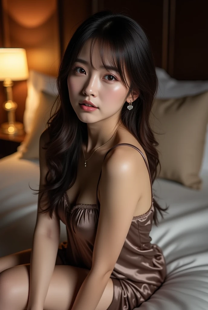 in 8K、top-quality、​masterpiece、ultra-detailliert、Ultra-high resolution、((1 persons))、girl with、A dark-haired、Medium chest、Tear bag、二重まぶた、a bed、robe blanche、bare shoulders​